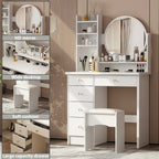 Timechee Makeup Vanity Set with Round Mirror, Drawers & Shelves - White - 31.5L x 15.7W x 52H