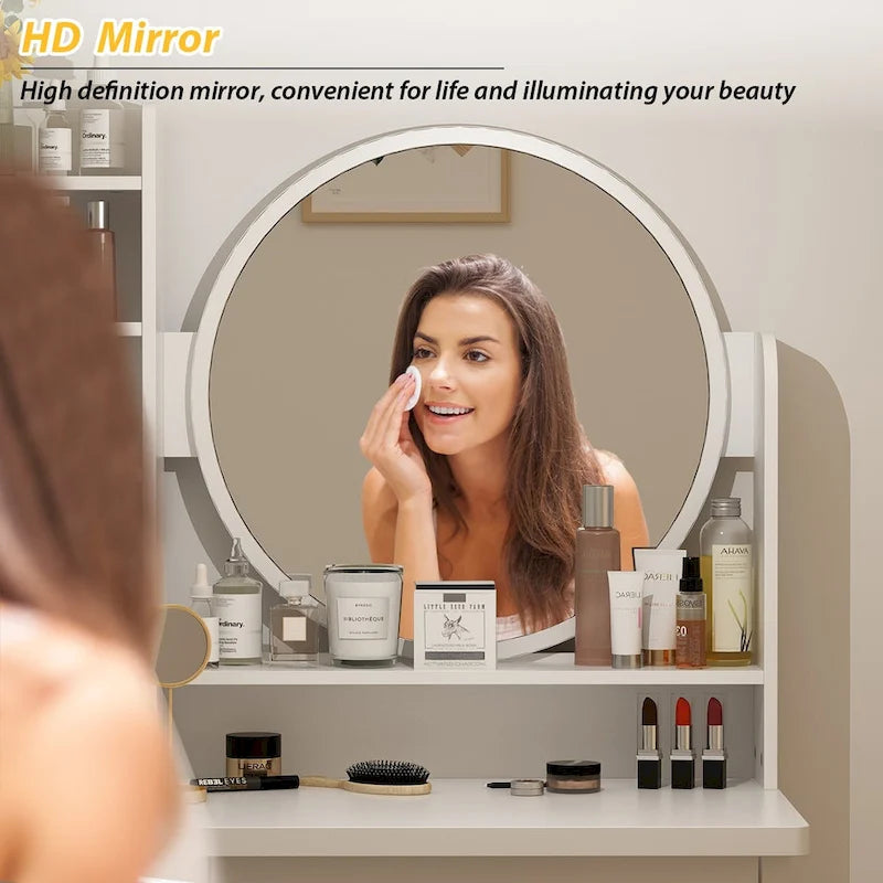 Timechee Makeup Vanity Set with Round Mirror, Drawers & Shelves - White - 31.5L x 15.7W x 52H