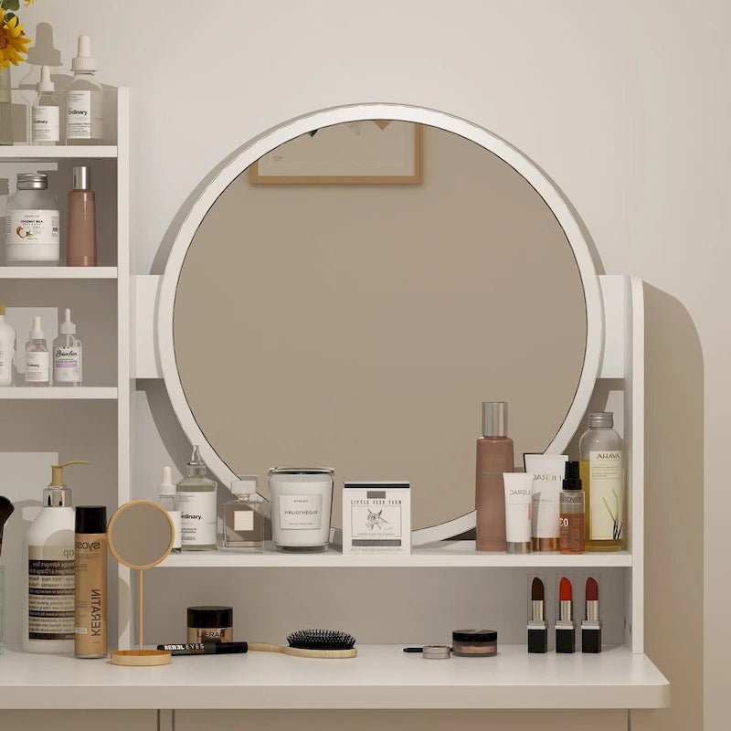 Timechee Makeup Vanity Set with Round Mirror, Drawers & Shelves - White - 31.5L x 15.7W x 52H