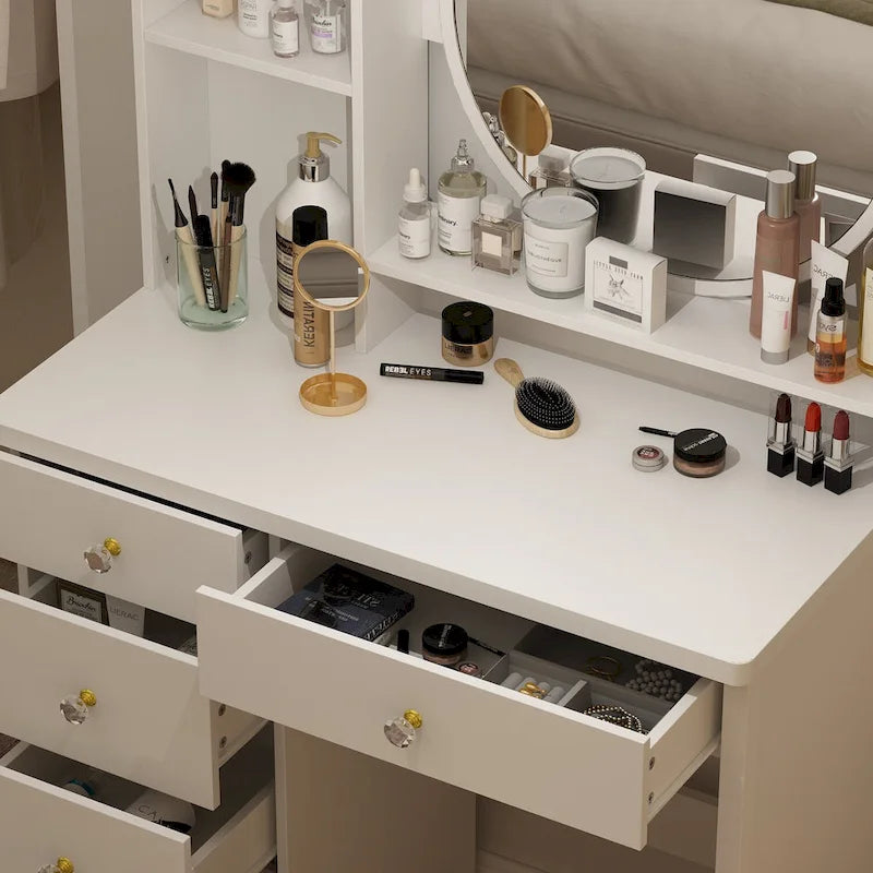 Timechee Makeup Vanity Set with Round Mirror, Drawers & Shelves - White - 31.5L x 15.7W x 52H