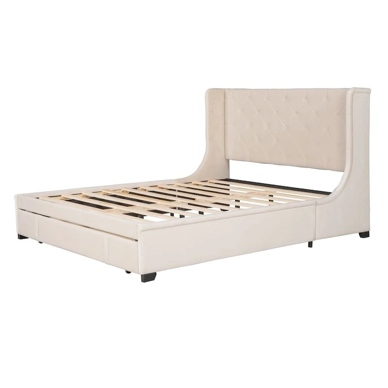 Queen Size Storage Bed Velvet Upholstered Platform Bed with Wingback Headboard and a Big Drawer