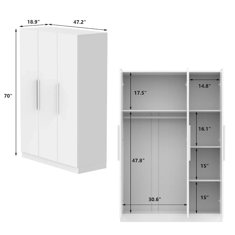 Timechee 47.2 Armoire Clothes Storage Solid Wood Handles Wardrobe White