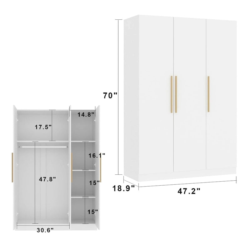 Timechee 47.2 Armoire Clothes Storage Solid Wood Handles Wardrobe White