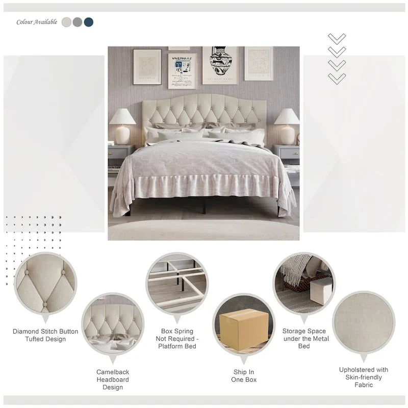 CraftPorch Classic Linen Button Tufted Upholstered Platform Bed