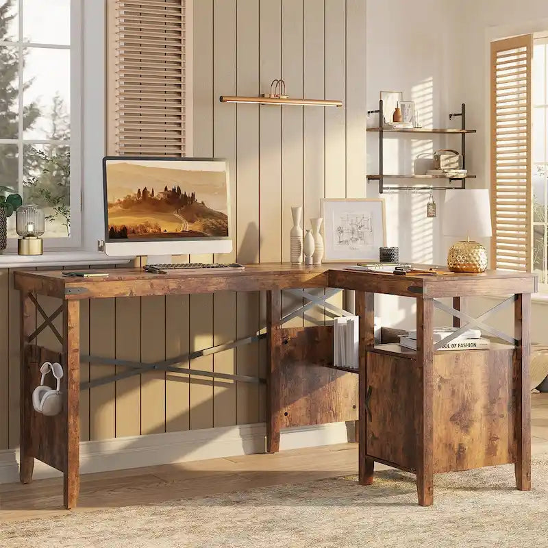 Farmhouse L Shaped Home Office Computer Desk with Storage Cabinet