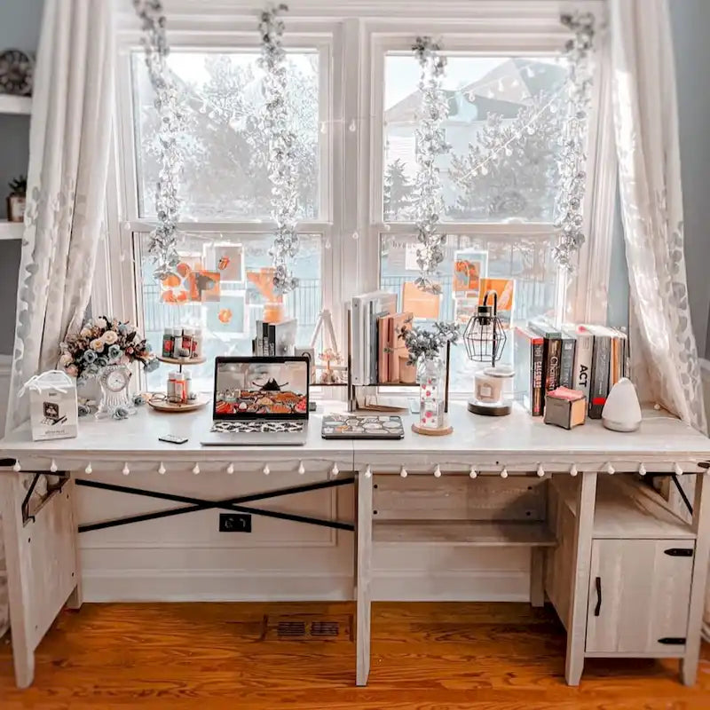 Farmhouse L Shaped Home Office Computer Desk with Storage Cabinet