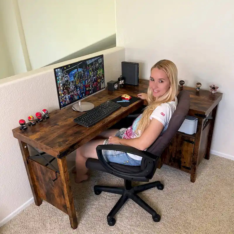Farmhouse L Shaped Home Office Computer Desk with Storage Cabinet