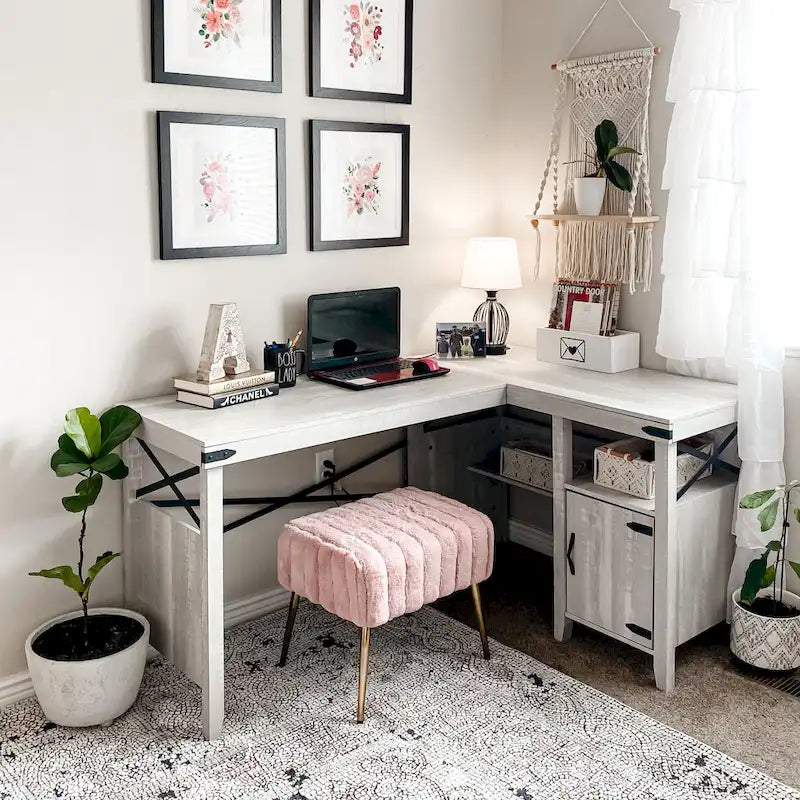 Farmhouse L Shaped Home Office Computer Desk with Storage Cabinet