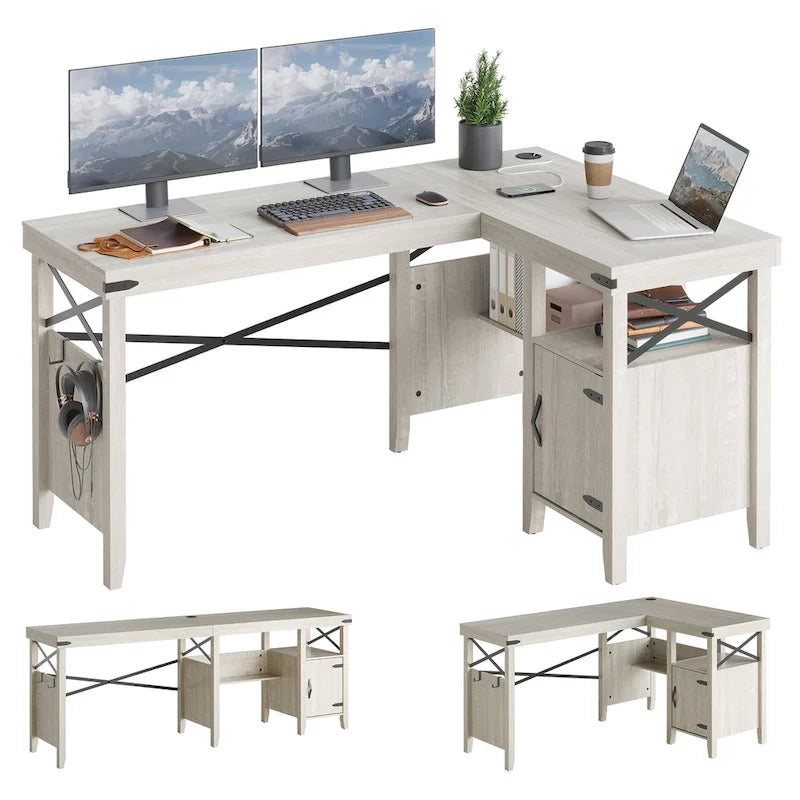 Farmhouse L Shaped Home Office Computer Desk with Storage Cabinet
