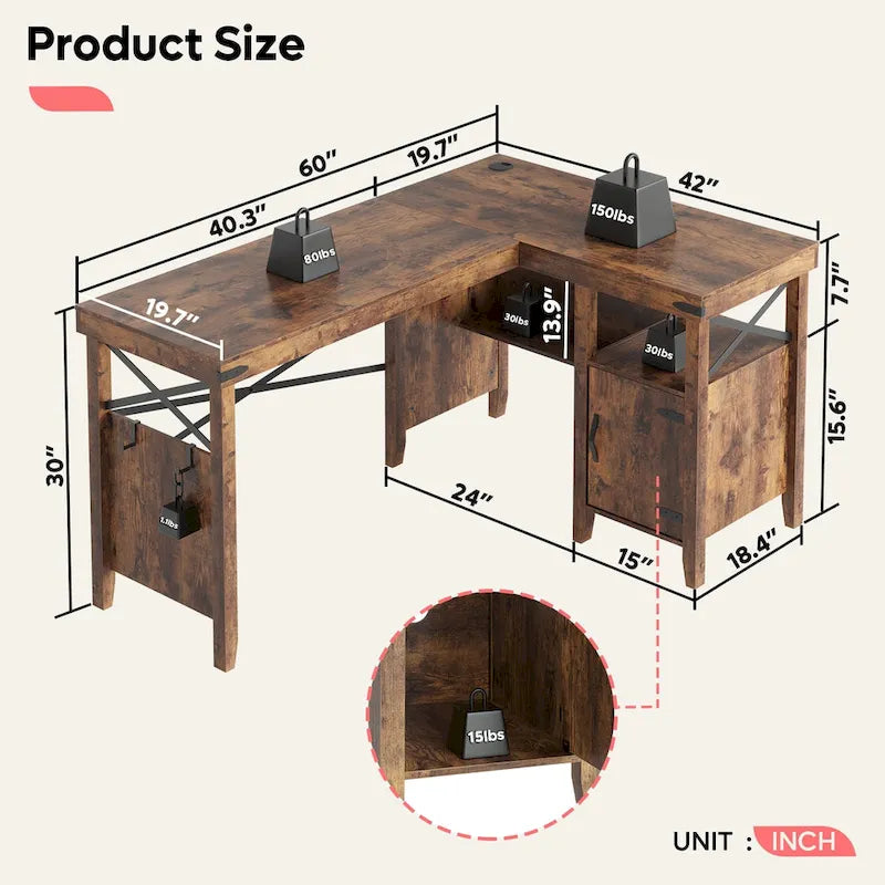 Farmhouse L Shaped Home Office Computer Desk with Storage Cabinet
