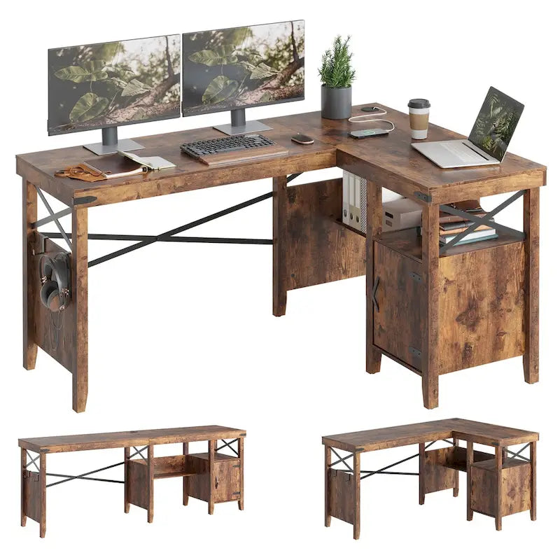 Farmhouse L Shaped Home Office Computer Desk with Storage Cabinet