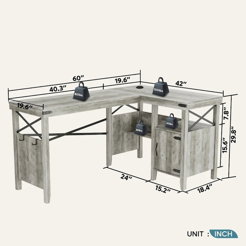 Farmhouse L Shaped Home Office Computer Desk with Storage Cabinet