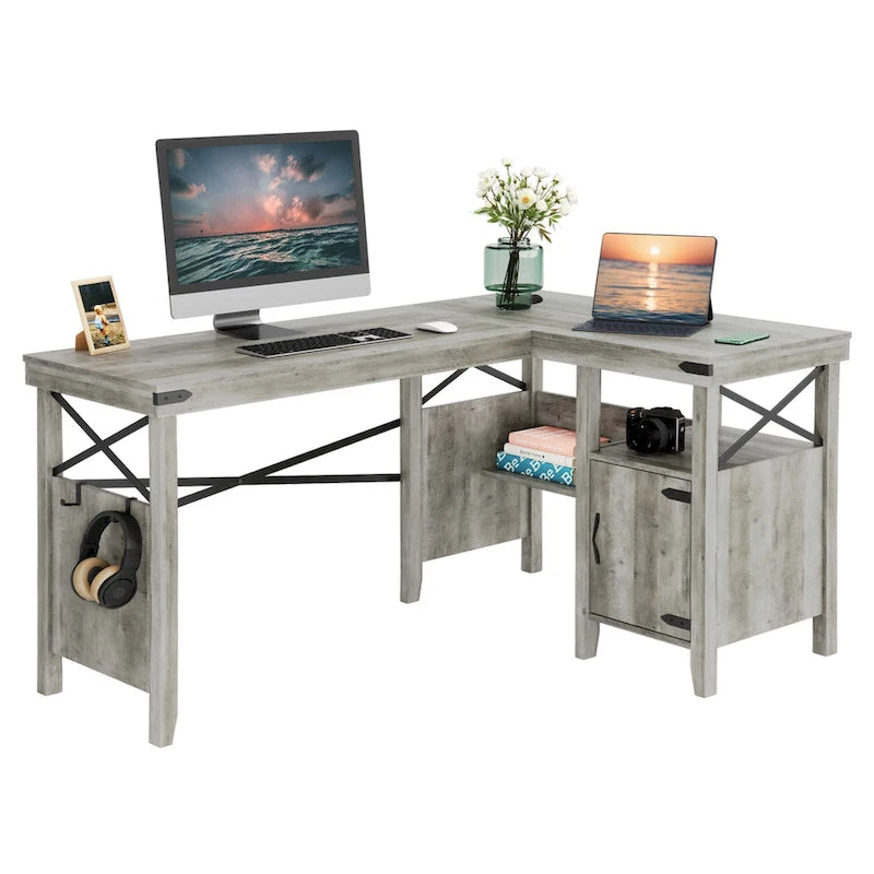 Farmhouse L Shaped Home Office Computer Desk with Storage Cabinet