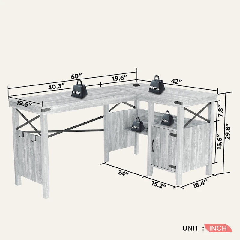 Farmhouse L Shaped Home Office Computer Desk with Storage Cabinet