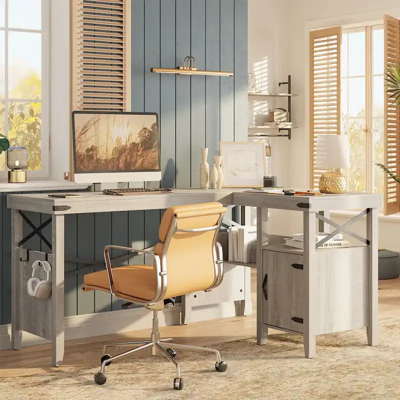 Farmhouse L Shaped Home Office Computer Desk with Storage Cabinet