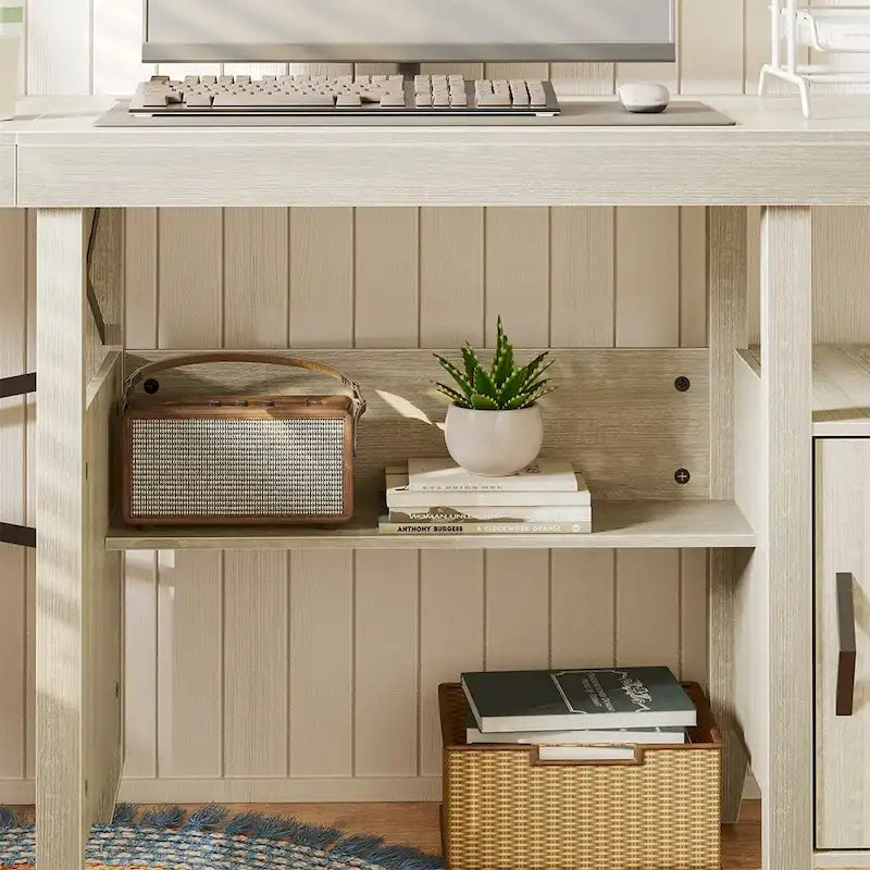 Farmhouse L Shaped Home Office Computer Desk with Storage Cabinet