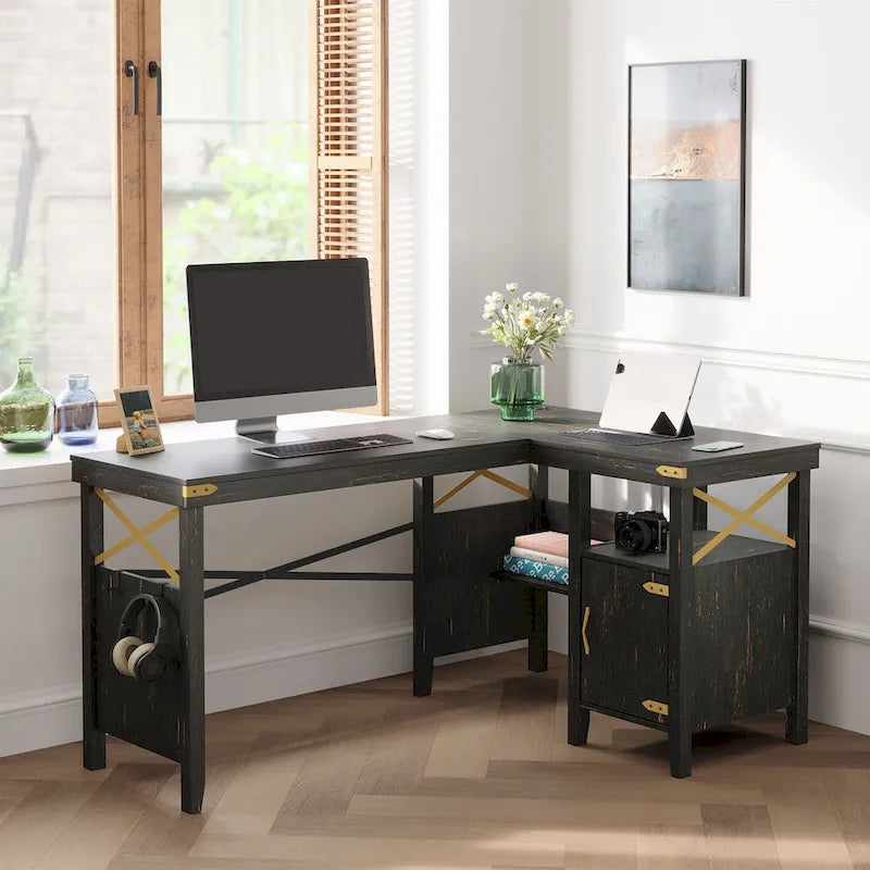 Farmhouse L Shaped Home Office Computer Desk with Storage Cabinet