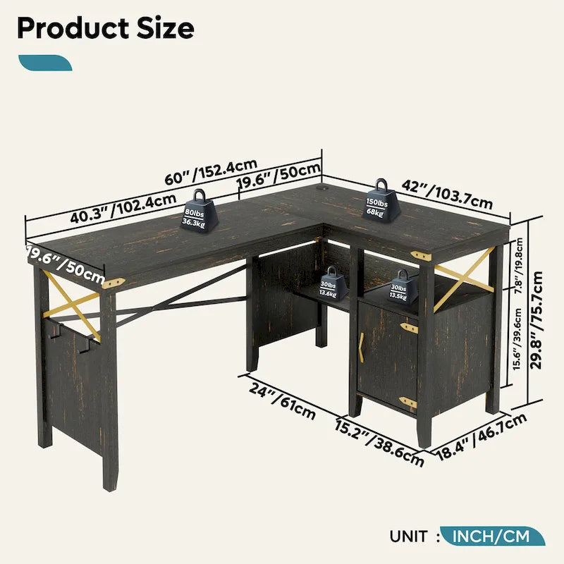 Farmhouse L Shaped Home Office Computer Desk with Storage Cabinet