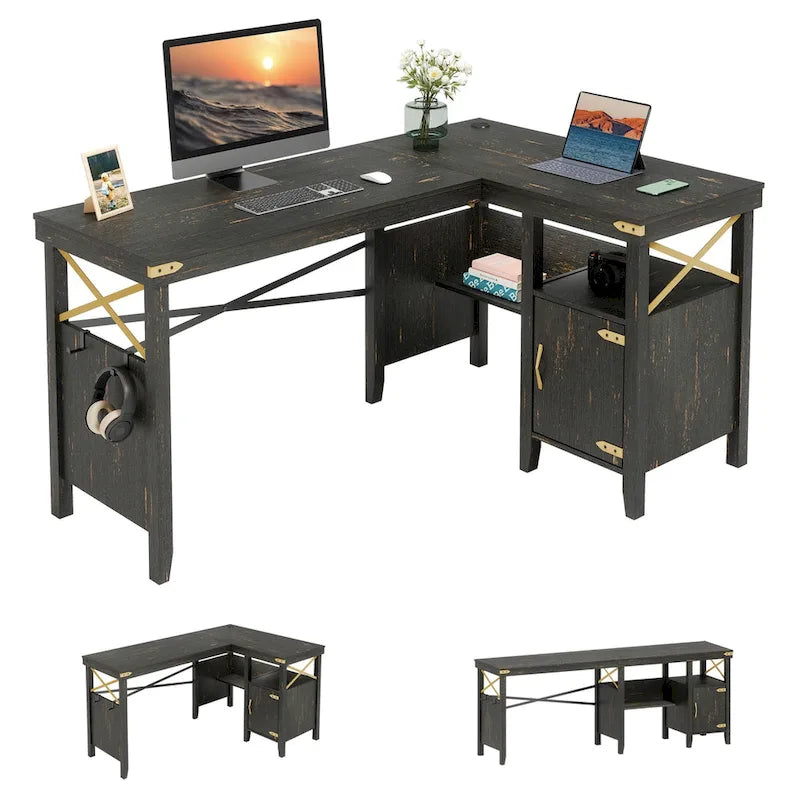 Farmhouse L Shaped Home Office Computer Desk with Storage Cabinet