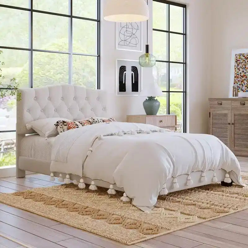 Full Size Linen Upholstered Platform Bed with Saddle Curved Headboard and Diamond Tufted Details,Beige