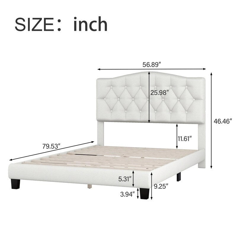Full Size Linen Upholstered Platform Bed with Saddle Curved Headboard and Diamond Tufted Details,Beige