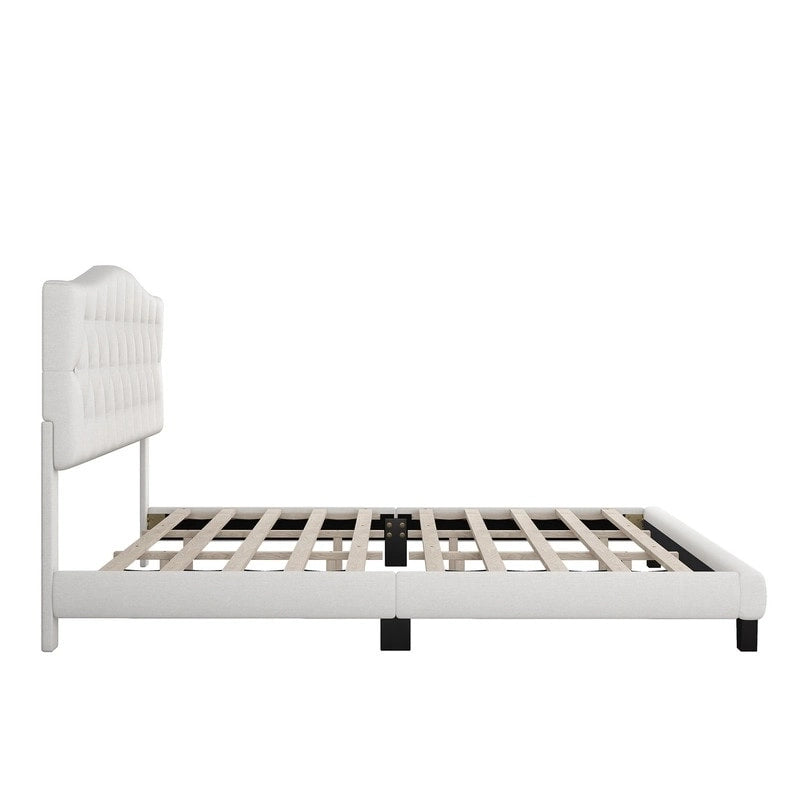 Full Size Linen Upholstered Platform Bed with Saddle Curved Headboard and Diamond Tufted Details,Beige