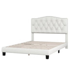 Full Size Linen Upholstered Platform Bed with Saddle Curved Headboard and Diamond Tufted Details,Beige
