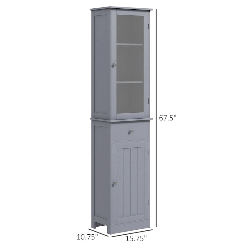 kleankin Slim Bathroom Storage Cabinet, Tall Bathroom Cabinet, Narrow Linen Tower with Acrylic Door, Drawer and Shelves, Gray