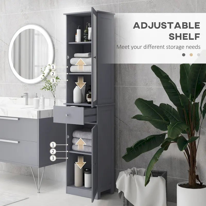 kleankin Slim Bathroom Storage Cabinet, Tall Bathroom Cabinet, Narrow Linen Tower with Acrylic Door, Drawer and Shelves, Gray