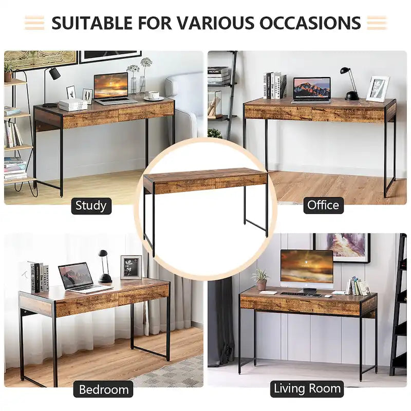 Writing Desk with 2 Drawers Computer Wooden Desk Spacious Workstation