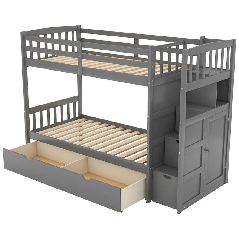 Twin over Full Stairway Bunk Bed with Storage, Gray