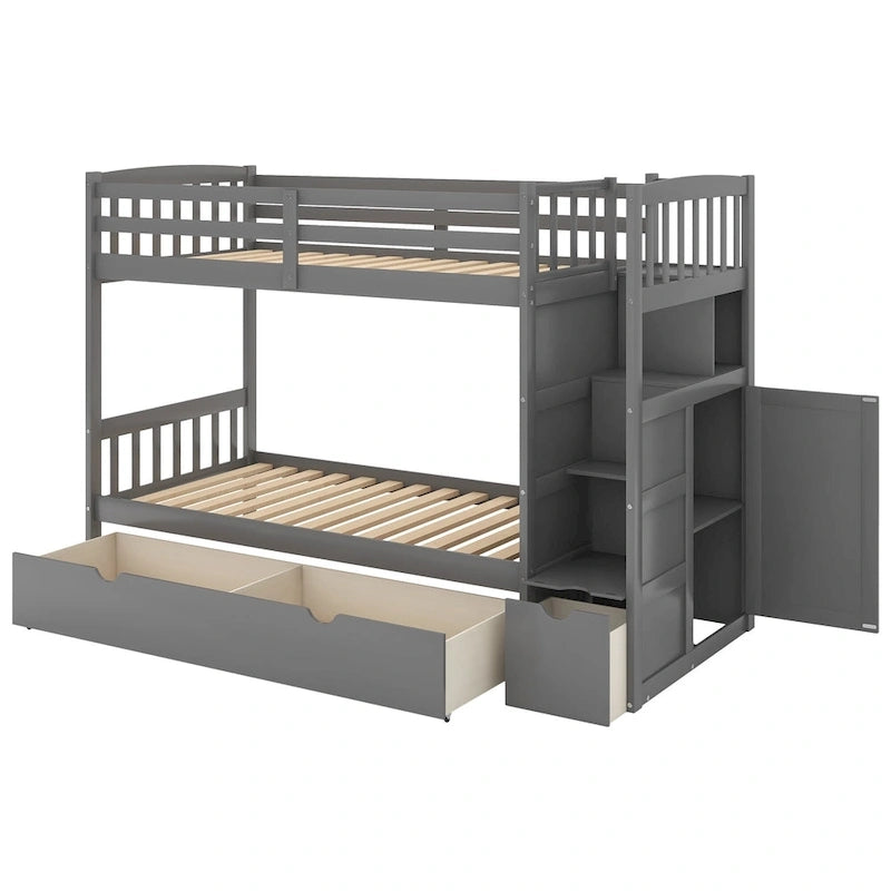 Twin over Full Stairway Bunk Bed with Storage, Gray