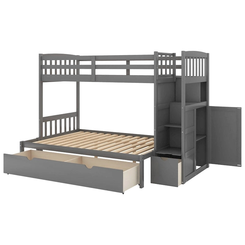Twin over Full Stairway Bunk Bed with Storage, Gray