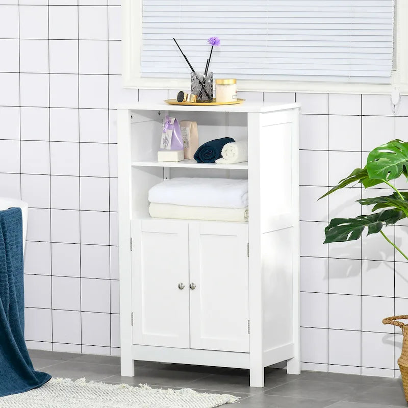 kleankin Bathroom Floor Storage Cabinet, Freestanding Linen Cabinet with Double Doors and 2 Adjustable Shelves, White