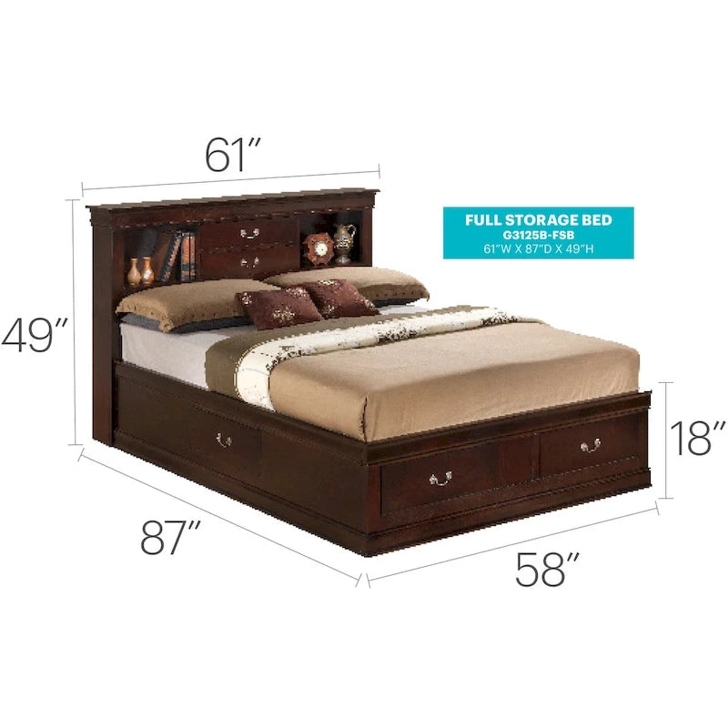 Louis Philippe Full Storage Platform Bed with 6 Storage Drawers