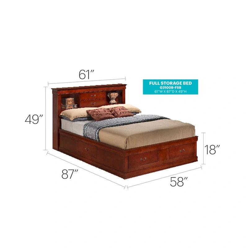 Louis Philippe Full Storage Platform Bed with 6 Storage Drawers