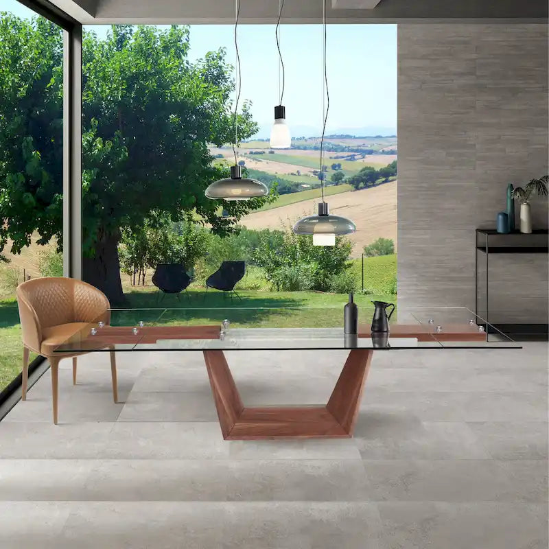 Davee Furniture Transparent Glass Top with Wood Leg Extendable Dining Table- 70.87/106.31*35.43*29.53 inches