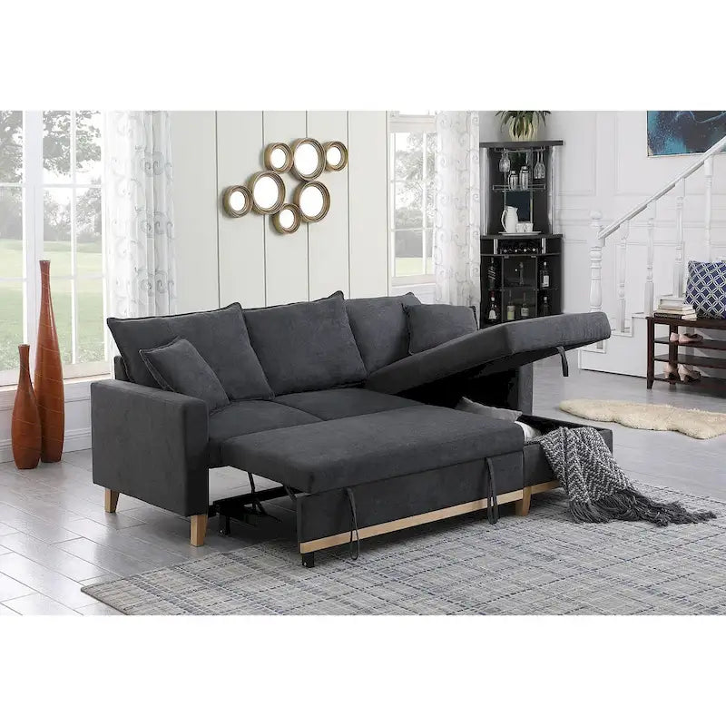 Woven Reversible Sleeper Sectional Sofa with Storage Chaise, Dark Gray