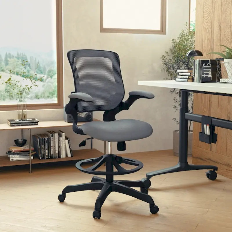 Mid-Back Mesh Ergonomic Drafting Chair with Foot Ring and Flip-Up Arms