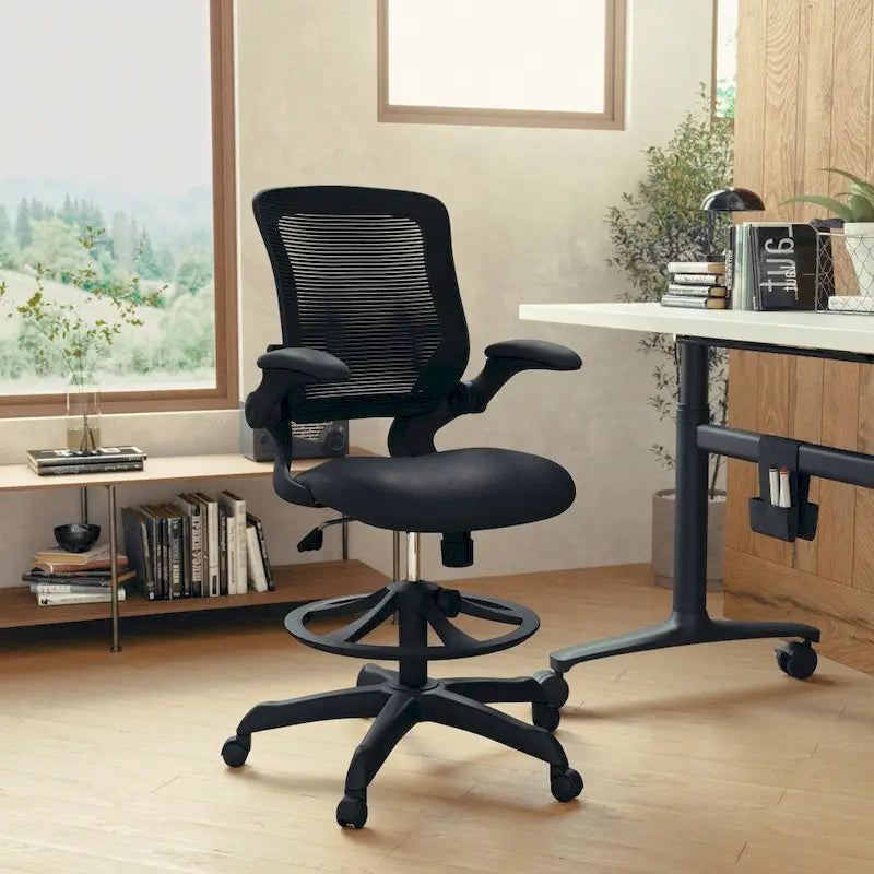 Mid-Back Mesh Ergonomic Drafting Chair with Foot Ring and Flip-Up Arms