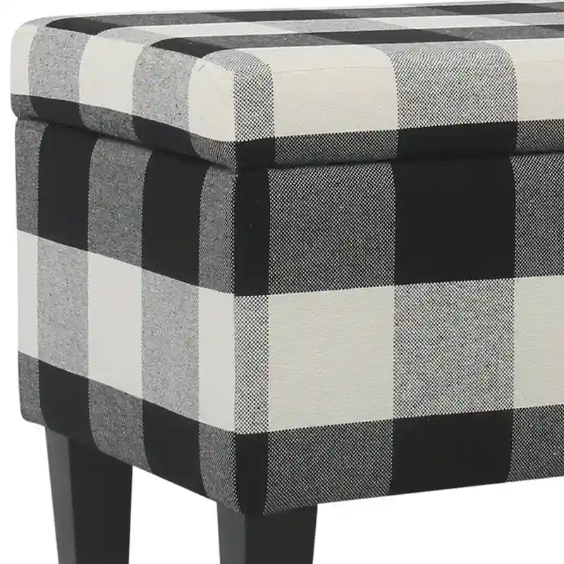 Checkered Pattern Fabric Upholstered Storage Bench With Tapered Wood Legs, Large, Black and White