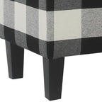 Checkered Pattern Fabric Upholstered Storage Bench With Tapered Wood Legs, Large, Black and White