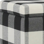 Checkered Pattern Fabric Upholstered Storage Bench With Tapered Wood Legs, Large, Black and White