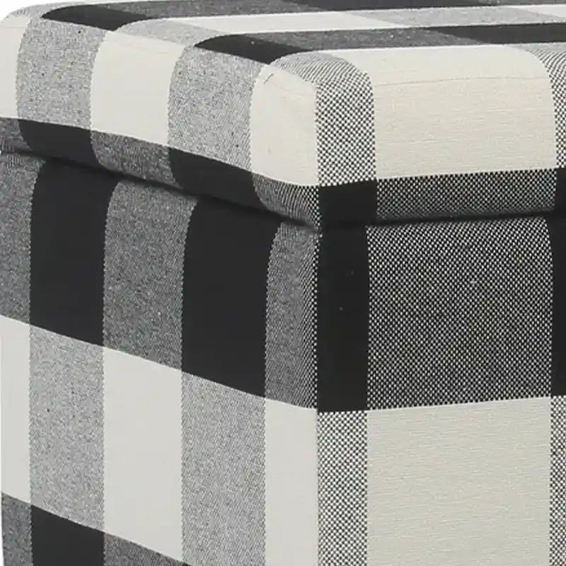 Checkered Pattern Fabric Upholstered Storage Bench With Tapered Wood Legs, Large, Black and White