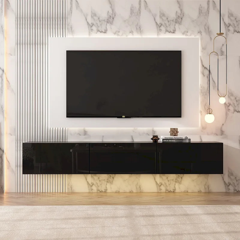 63 Floating Entertainment Center, Wall Mount LED TV Stand High Gloss