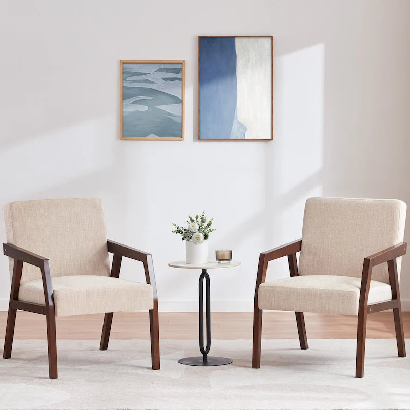 HUIMO Set of 2 Accent Armchair Solid Wooden Brownness/ White/ Blue Upholstered Mid-Century Modern Accent Chair for Living Room