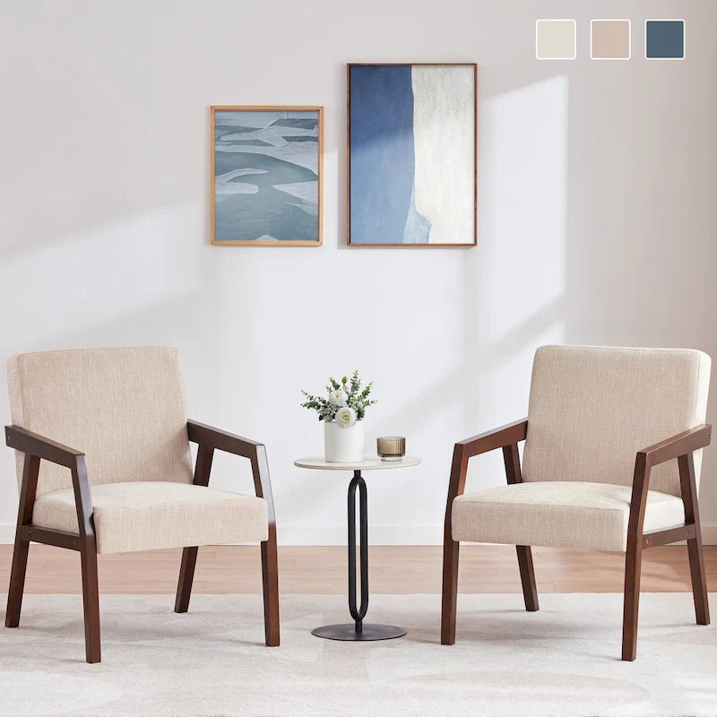 HUIMO Set of 2 Accent Armchair Solid Wooden Brownness/ White/ Blue Upholstered Mid-Century Modern Accent Chair for Living Room