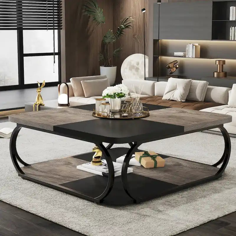 39 Inche 2-Tier Square Coffee Table with Metal Frame for Living Room