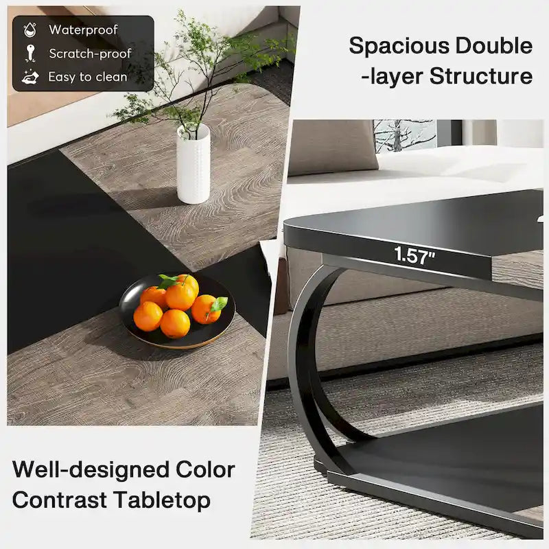 39 Inche 2-Tier Square Coffee Table with Metal Frame for Living Room