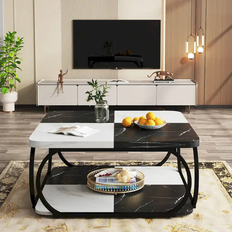 39 Inche 2-Tier Square Coffee Table with Metal Frame for Living Room